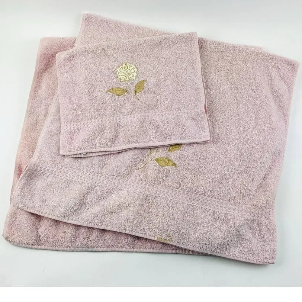 Cannon Bath Body Hand Towel Set Vintage Pink Floral Appliqué Gold Rose USA Flowe